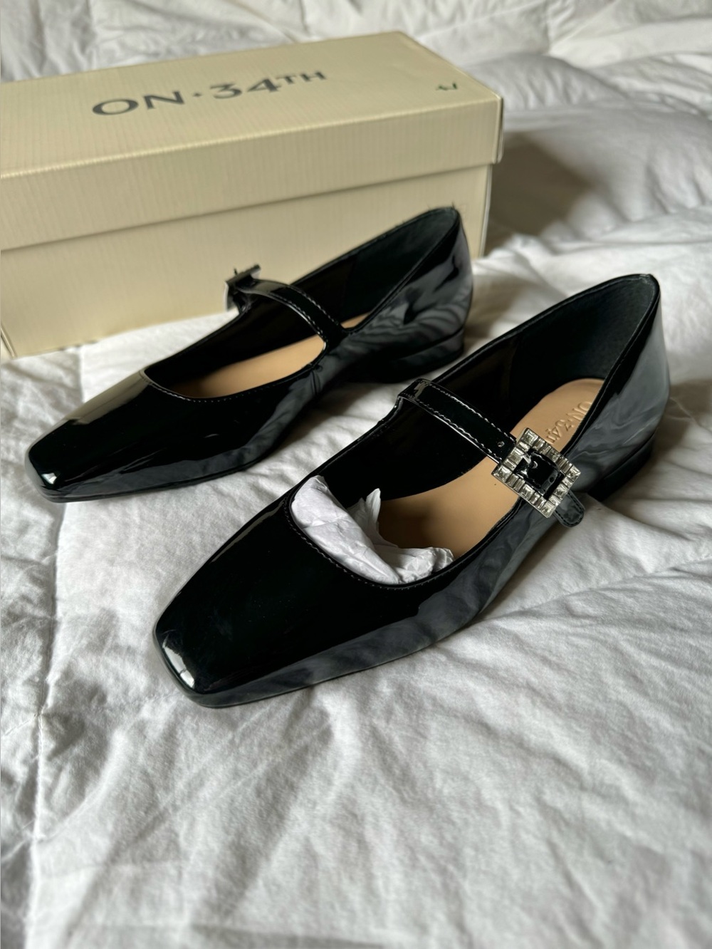 On•34th Women's ‘Saadet’ Rhinestone-Buckle Patent Mary Jane Flats Size 6